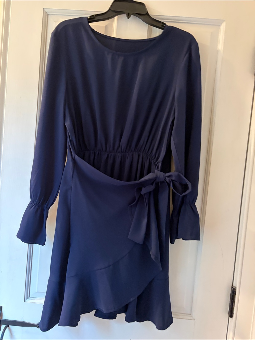 Women's Navy Long-Sleeve Wrap Dress with Ruffle Hem